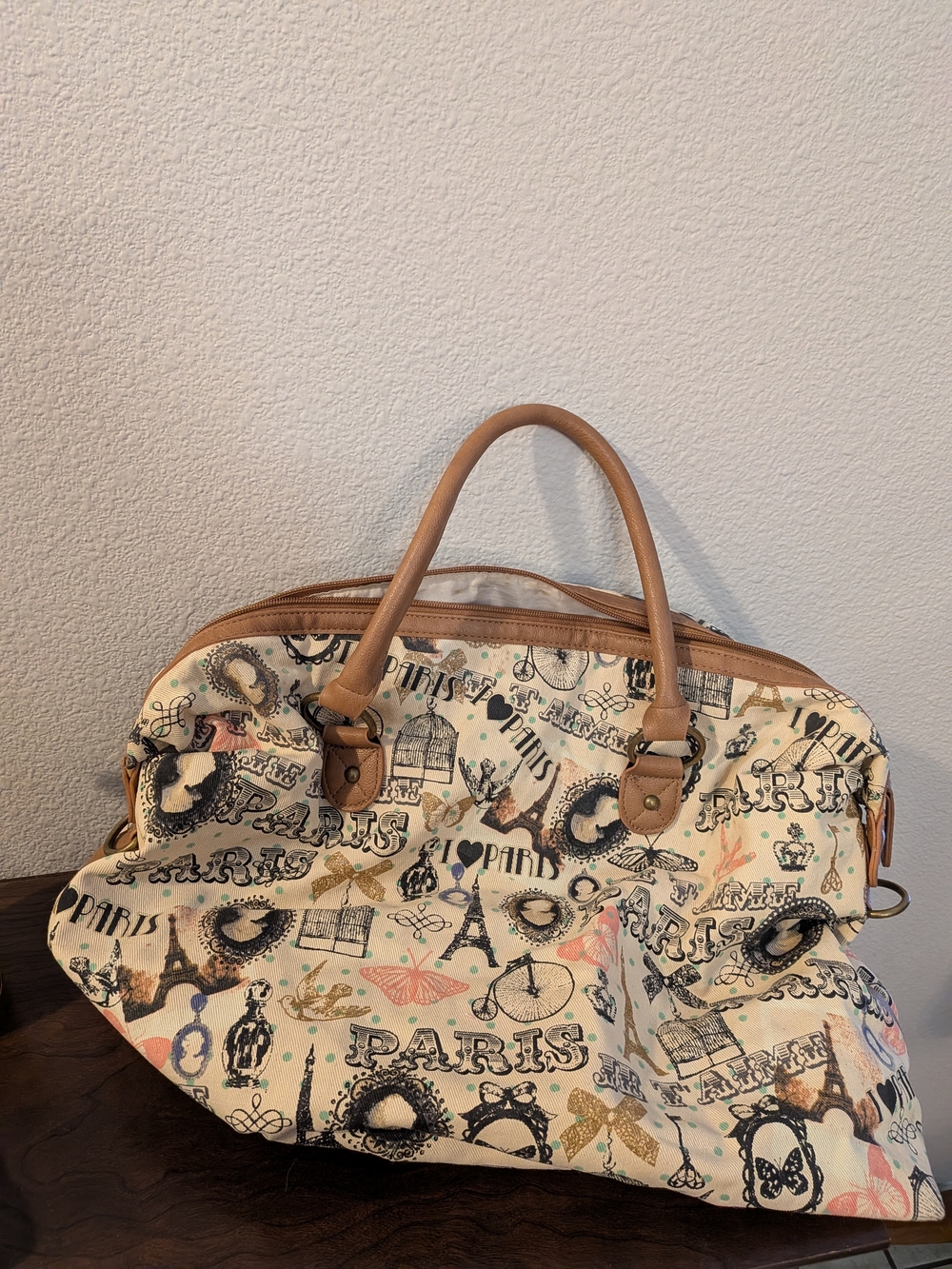 Source Unknown Cream Paris Print Travel Weekender with Tan Handles